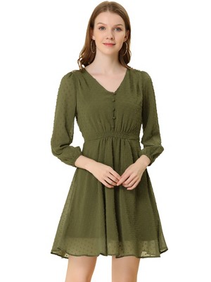 Allegra K Women's Swiss Dots Elastic Waist 3/4 Sleeve A-line Solid Flowy Chiffon Dress