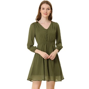 Allegra K Women's Swiss Dots Elastic Waist 3/4 Sleeve A-line Solid Flowy Chiffon Dress - 1 of 4