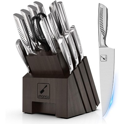 imarku16PCS Kitchen Knife Set with Block High Carbon Stainless Steel, Japanese Knife Set with Dotted Non-Slip Ergonomic Handle, Dishwaher Safe