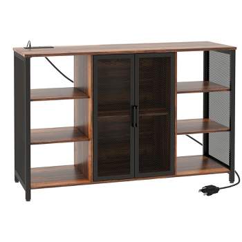 HOMCOM Wine Cabinet with Charging Station and LED Lights, Bar Cabinet with Glass Holders, Mesh Doors, Adjustable Shelf and 6 Open Compartments, Brown