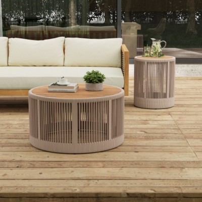 2-Piece Round Outdoor Rope Coffee Table Set, Modern Coffee Table and Side Table with Acacia Wood Tops for Patio or Balcony – The Pop Home
