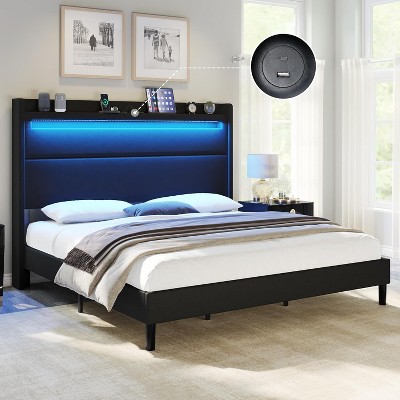 AMERLIFE Bed Frame with LED Lights & Wingback Headboard