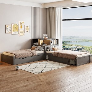 Whisen Twin Size L-shaped Platform Bed with Trundle and Drawers Linked with built-in Desk - 1 of 4