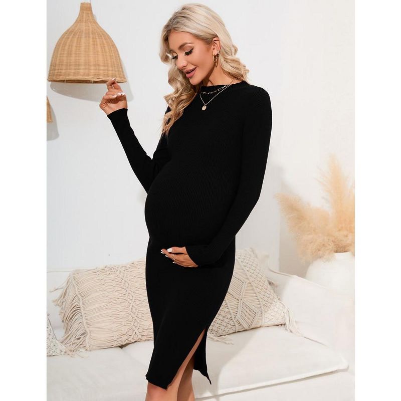Womens Maternity Sweater Dress Bodycon Ribbed Knit Slim Fit Long Sleeve Side Slit Midi Dress, 2 of 9