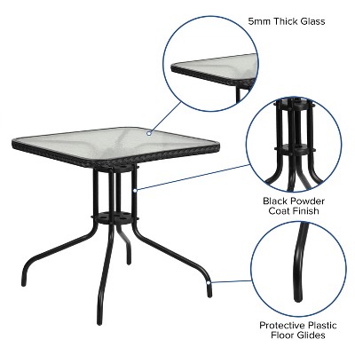 28" Clear Tempered Glass Square Dining Table with Black Rattan Edge