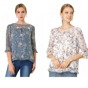 Allegra K Women's Round Neck Ruffle 3/4 Sleeve Floral Print Chiffon Blouse 2 Pcs - 1 of 4