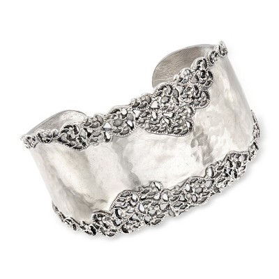 Ross-Simons Sterling Silver Hammered and Polished Filigree-Edge Wide Cuff Bangle Bracelet