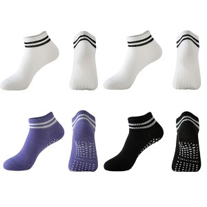 Anna-Kaci 4 Pairs Women's Ankle Grip Yoga Socks Soft Cotton Non-Slip Bottom Striped Cuff - 1 of 4