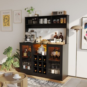 Jojoka Bar Cabinet with LED Light and Power Outlet,Liquor Cabinet with 9 Racks,6 Hooks and Adjustable Shelf for Kitchen,Black - 1 of 4