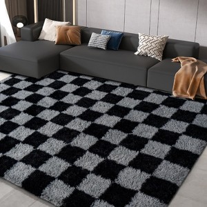 5x7 Feet Checkered Area Rugs For Living Room, Black Modern Super Soft Fluffy Rugs for Bedroom Home Aesthetic Decor - 1 of 4