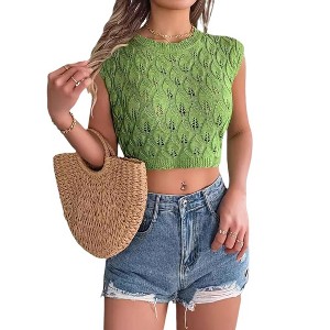 Women's 2025 Summer Tank Tops Sleeveless Cropped Ribbed Knit Crochet Hollow Out Shirts - 1 of 4