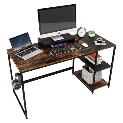 Nost & Host Computer Home Office Desk with Metal Frame, Stand, Under Desk Storage Shelves, and Working Table for Small Bedroom Space, Rustic Brown