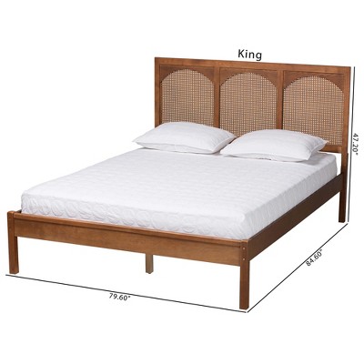 Queen Walnut Wood and Rattan Platform Bed with Headboard