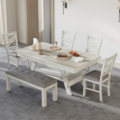 VECELO 6-Piece Wooden Dining Table Set, Extend Dining Table with 4 Armless Upholstered Dining Chairs & Bench for Kitchen, Gray