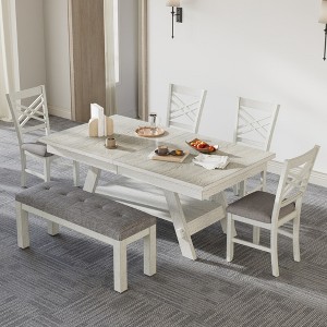 VECELO 6-Piece Wooden Dining Table Set, Extend Dining Table with 4 Armless Upholstered Dining Chairs & Bench for Kitchen, Gray - 1 of 4