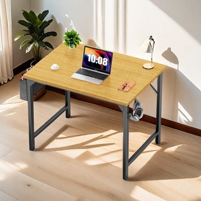 Infurnic Desks Computer Desk with Storage Bag and Headphone Hook, Small Home Office Writing Study Desk PC Table for Student Adult, Yellow, 34"*3"*23"