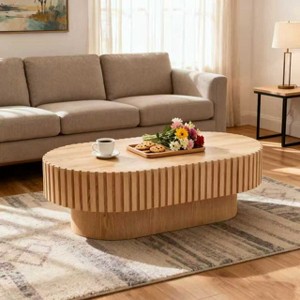 Homy Casa Modern Oval Wooden Coffee Table with Textured Fluted Design for Living Room and Small Spaces, Natural Oak - 1 of 4