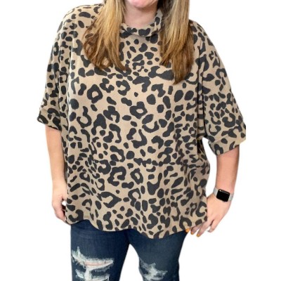 Women's Leopard Cowl Neck Pullover - honeyme