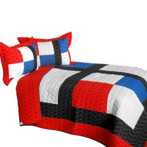 Slickblue Full/Queen Quilt Set, 100% TC Fabric, Handmade, Geometric Design, Vermicelli Quilting, 3-Piece Set, Red/Green - 1 of 4