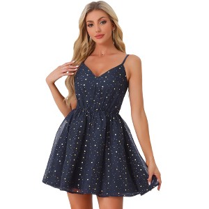 Allegra K Women's Metallic Stars Mini Spaghetti Strap Organza Fit and Flare Party Dress - 1 of 4