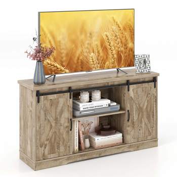 Costway 59'' Farmhouse TV Stand Sliding Barn Door Cabinet w/ Adjustable Shelf