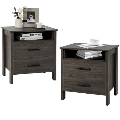 Tangkula 2PCS Nightstand End Table Sofa Bed Side Table w/ 2 Drawers Cable Hole Walnut