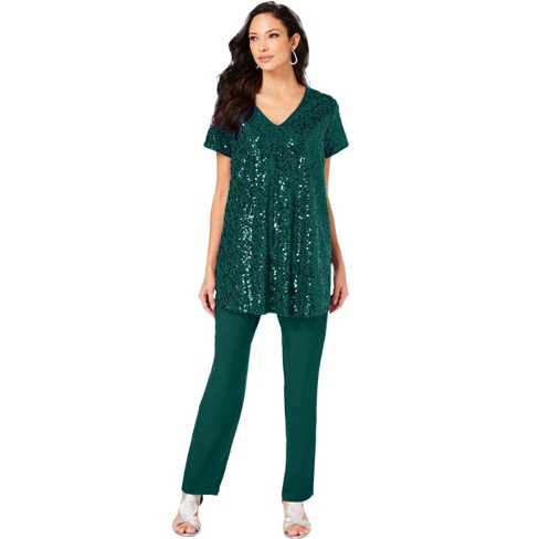 Roaman's Women's Plus Size Sequin Tunic & Pant Set - 42 W, Green