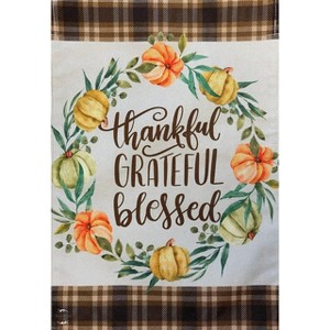 Pumpkin Wreath Burlap Fall House Flag Thankful Autumn 28" x 40" Briarwood Lane - 1 of 4
