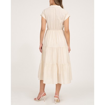 August Sky Women's Collared V-Neck Flap Pockets Tiered Midi Dress