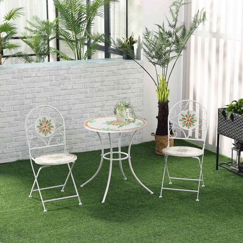Outsunny 3 Piece Patio Bistro Set, Metal Folding Chairs, Foldable Outdoor Dining Table, Stone Flower Mosaic Spring Flower Pattern, White, 3 of 7