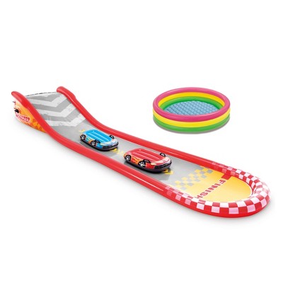 Intex 58" x 13" Inflatable Sunset Glow Colorful Backyard Kids Vinyl Splash Pool and 221 Inch Inflatable Racing Fun Water Slide with 2 Surf Riders