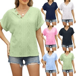 Women's V Neck Jacquard Button Short Sleeve T-Shirt Loose Hollow Top - 1 of 4