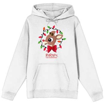 Rudolph the Red-Nosed Reindeer with Christmas Lights and Movie Title Logo Men's White Graphic Hoodie