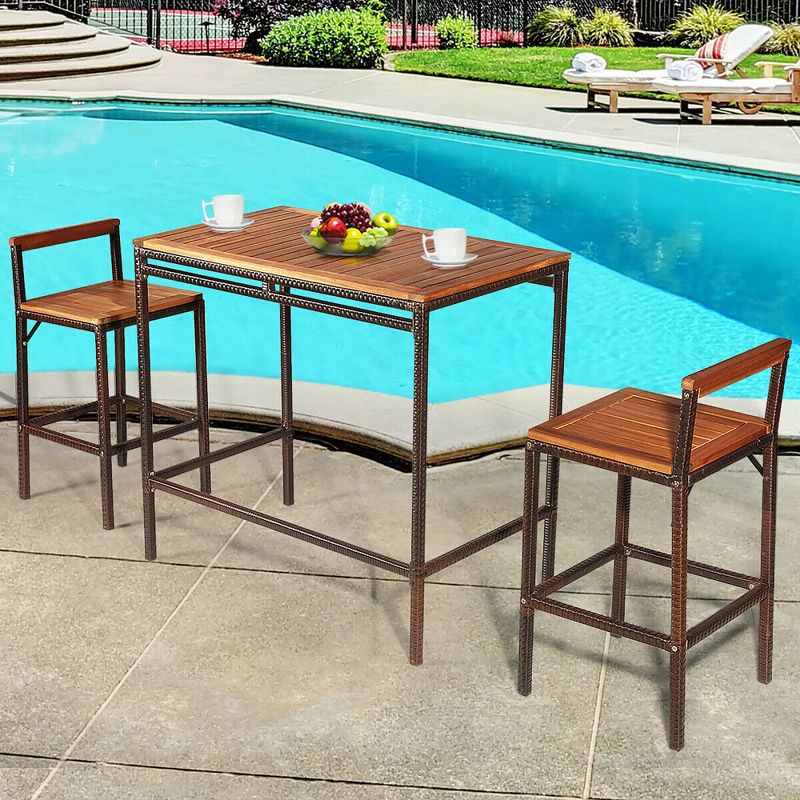 Costway 3 PCS Patio Rattan Wicker Bar wood Table Chair Outdoor, 4 of 11