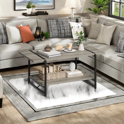 41" Farmhouse Coffee Table with Storage Shelf, 2 Tie Rectangle Center Table with Storage, Simple Office Cocktail Tea Table