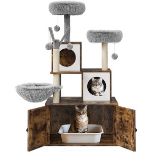 Hidden Litter Box Enclosure with Large Cat Tree 57.5 Inch 2-in-1 Modern Multi-Level Pussy Tower Condo Toilet Furniture - 1 of 4
