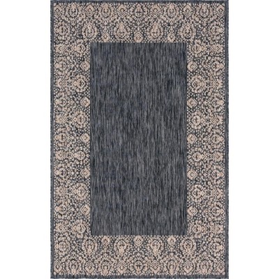 Charcoal Gray Floral Border Outdoor Rectangular Rug