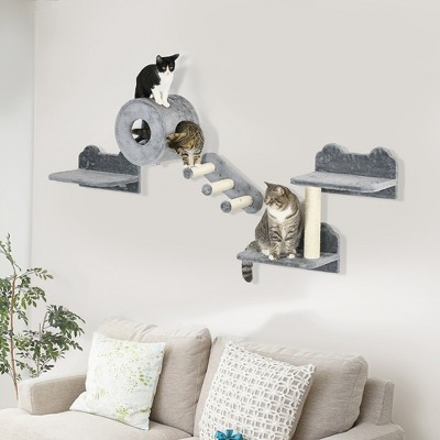 Gray and Cream Sisal Wall-Mounted Cat Climbing Shelves with Condo