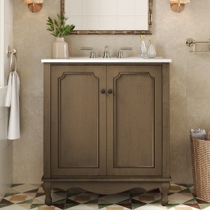 ACEPANO 30 in. W Vintage Country Style Bathroom Vanity with Sink, Rubber Wood Legs & Adjustable Shelves-Brown - 1 of 4