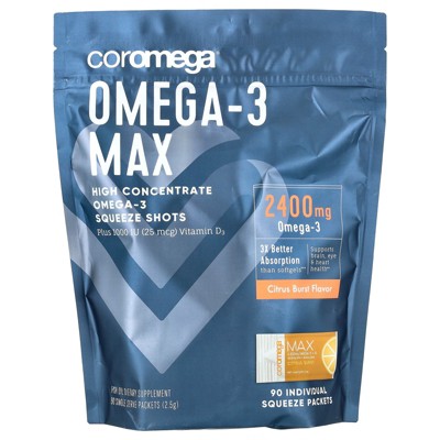 Coromega Omega-3 Max, High Concentrate Omega-3 Squeeze Shots, Citrus Burst, 90 Single Serve Packets, 2.5 g Each