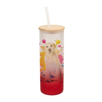 100 North 25 Ounce Frosted Glass Gradient Travel Tumbler With Straw & Wooden Lid, Yellow Labrador Paint Splatter Red