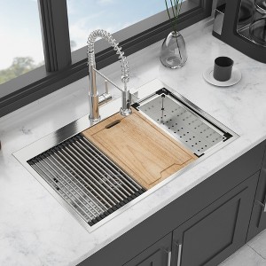Gulches 33"x22" Drop-in Topmount Single Bowl Ledge Workstation Sink, 16G T304 Stainless Steel - 1 of 4