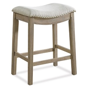 ROME + OAK Parker 26 Inch Counter Stool, Backless Saddle Kitchen Barstool in Reclaimed Oak Finish with Ash Grey Fabric Upholstery Cushion Seat - 1 of 4
