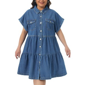 Women's Plus Size Button Down Short Sleeve Lapel Tiered Hem Jean Denim Babydoll Dresses with Pockets - Agnes Orinda 2X Blue