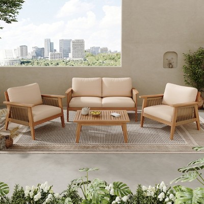 4-Pieces Acacia Wood Patio Seating Set With Wood Frame And Thick Cushion,Sofa And Coffee Table,Outdoor Conversation Patio Set -Maison Boucle