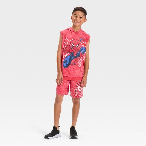 Boys' Spider-man Cutoff Hoodie Top And Bottom Shorts Set - Red : Target