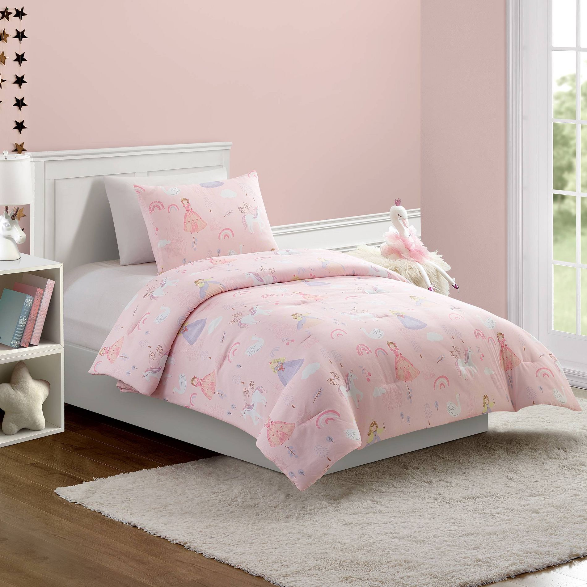 Urban Playground Twin/Twin XL 2pc Fairytale Princess Kids' Comforter Set: Pink Polyester Bedding, Includes Sham