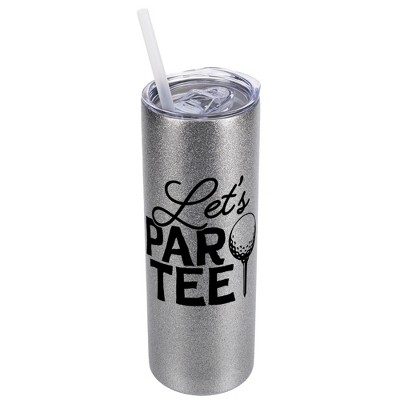 Elanze Designs Silvertone Sparkle 20 Ounce Double Wall Stainless Steel Glitter Travel Tumbler With Sliding Lid And Straw, Let's Par Tee