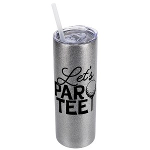 Elanze Designs Silvertone Sparkle 20 Ounce Double Wall Stainless Steel Glitter Travel Tumbler With Sliding Lid And Straw, Let's Par Tee - 1 of 4