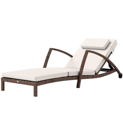 Beige Wicker Outdoor Chaise Lounge with Cushions and Wheels